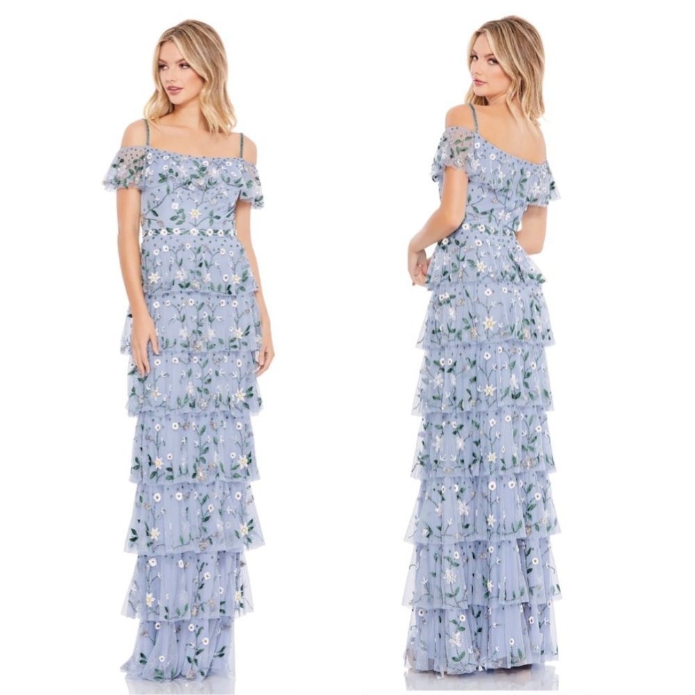 MAC DUGGAL Beaded Floral Tiered Chiffon Column Gown in Stormy Blue Size US 0